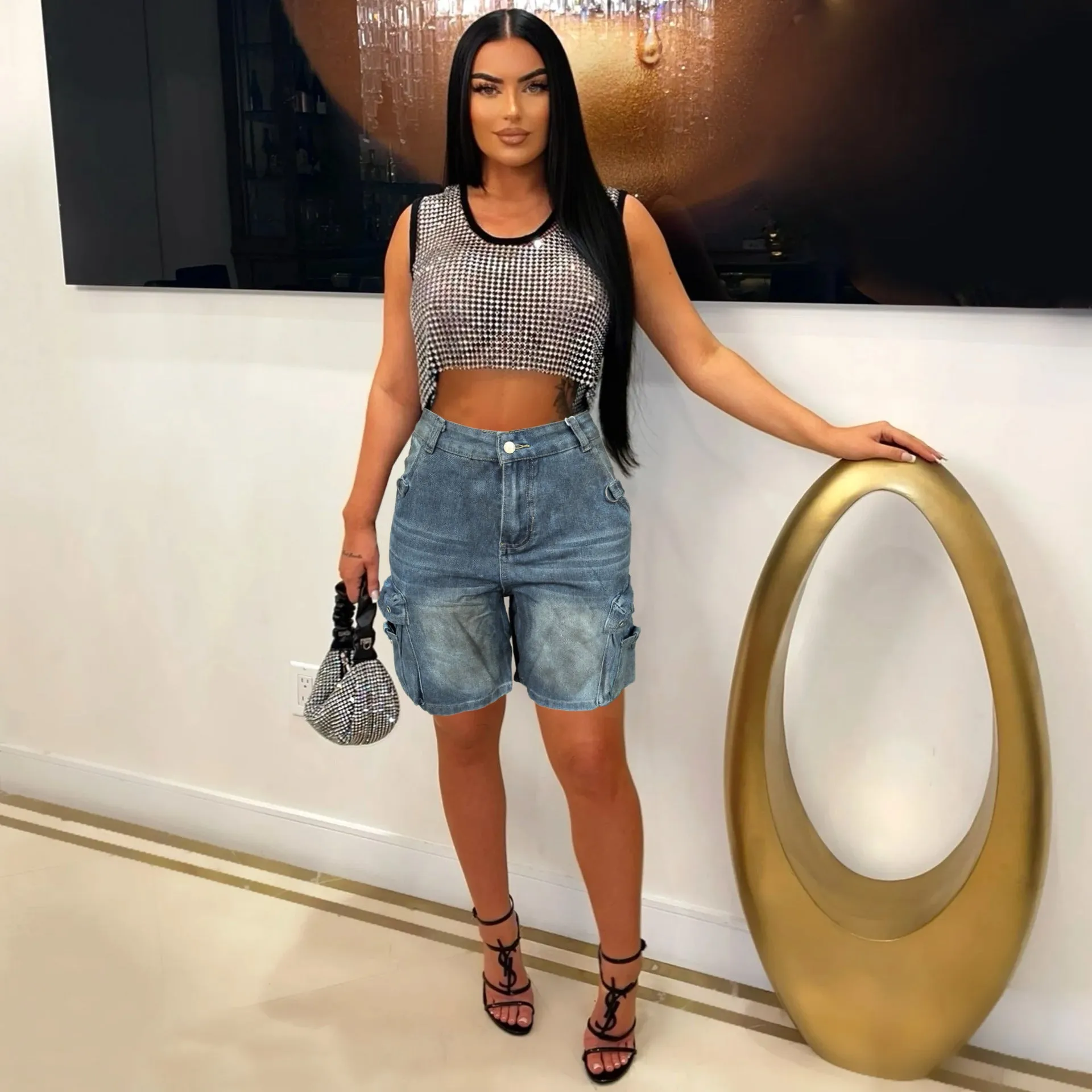 Trendy Pocketed Cargo Denim Shorts with Knee-Length Style