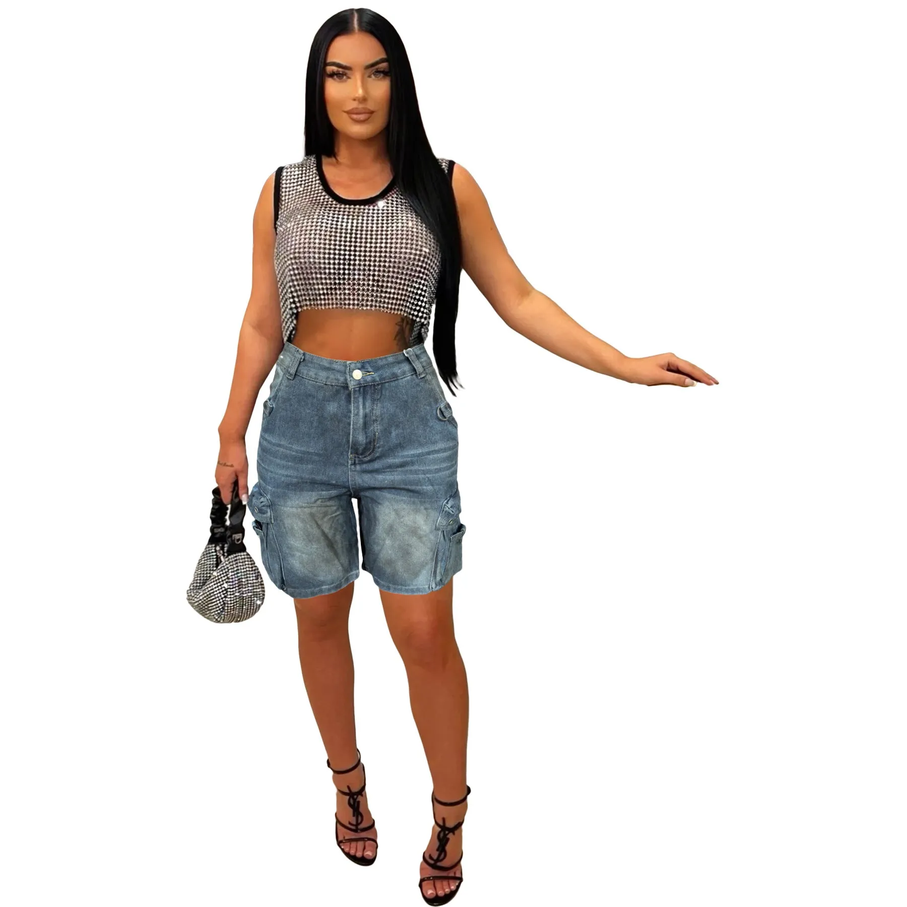 Trendy Pocketed Cargo Denim Shorts with Knee-Length Style