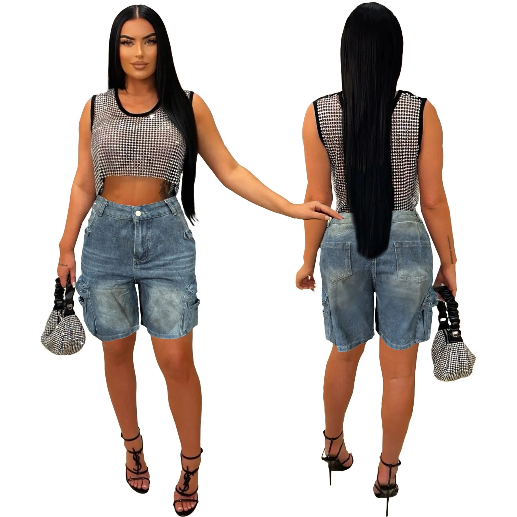 Trendy Pocketed Cargo Denim Shorts with Knee-Length Style