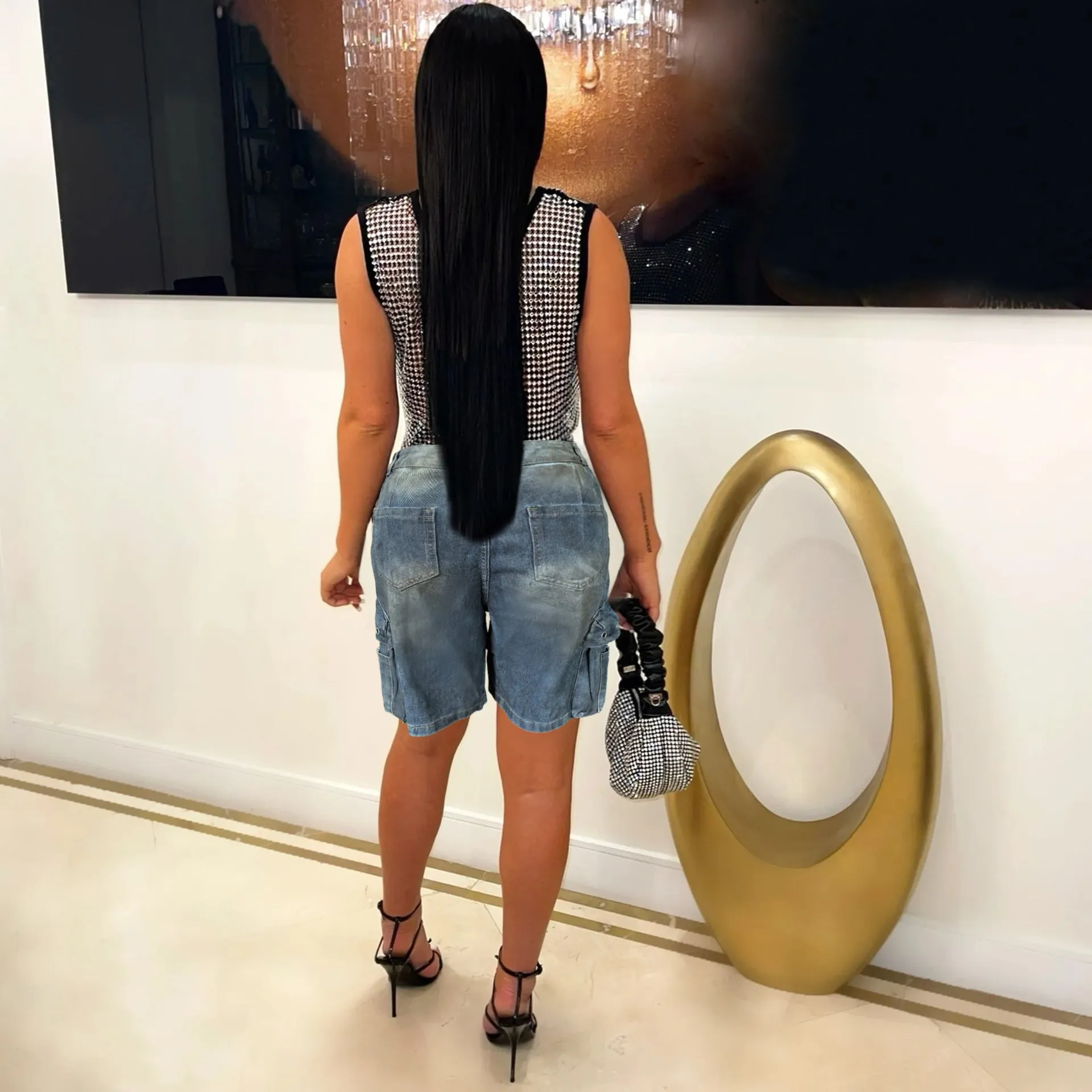 Trendy Pocketed Cargo Denim Shorts with Knee-Length Style