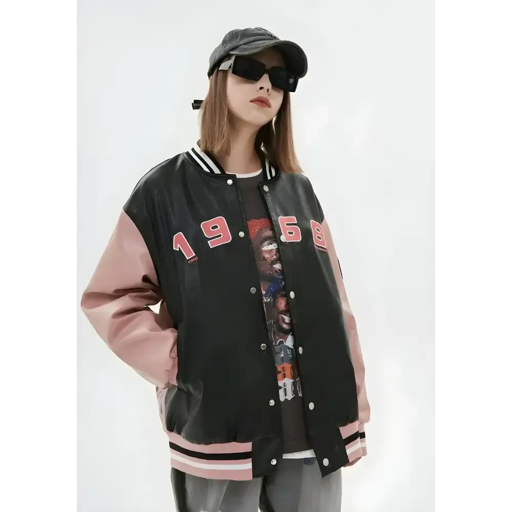 Unisex Faux Leather Varsity Jacket with Vintage Embroidery
