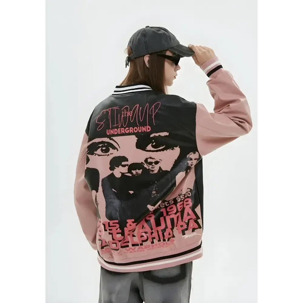 Unisex Faux Leather Varsity Jacket with Vintage Embroidery