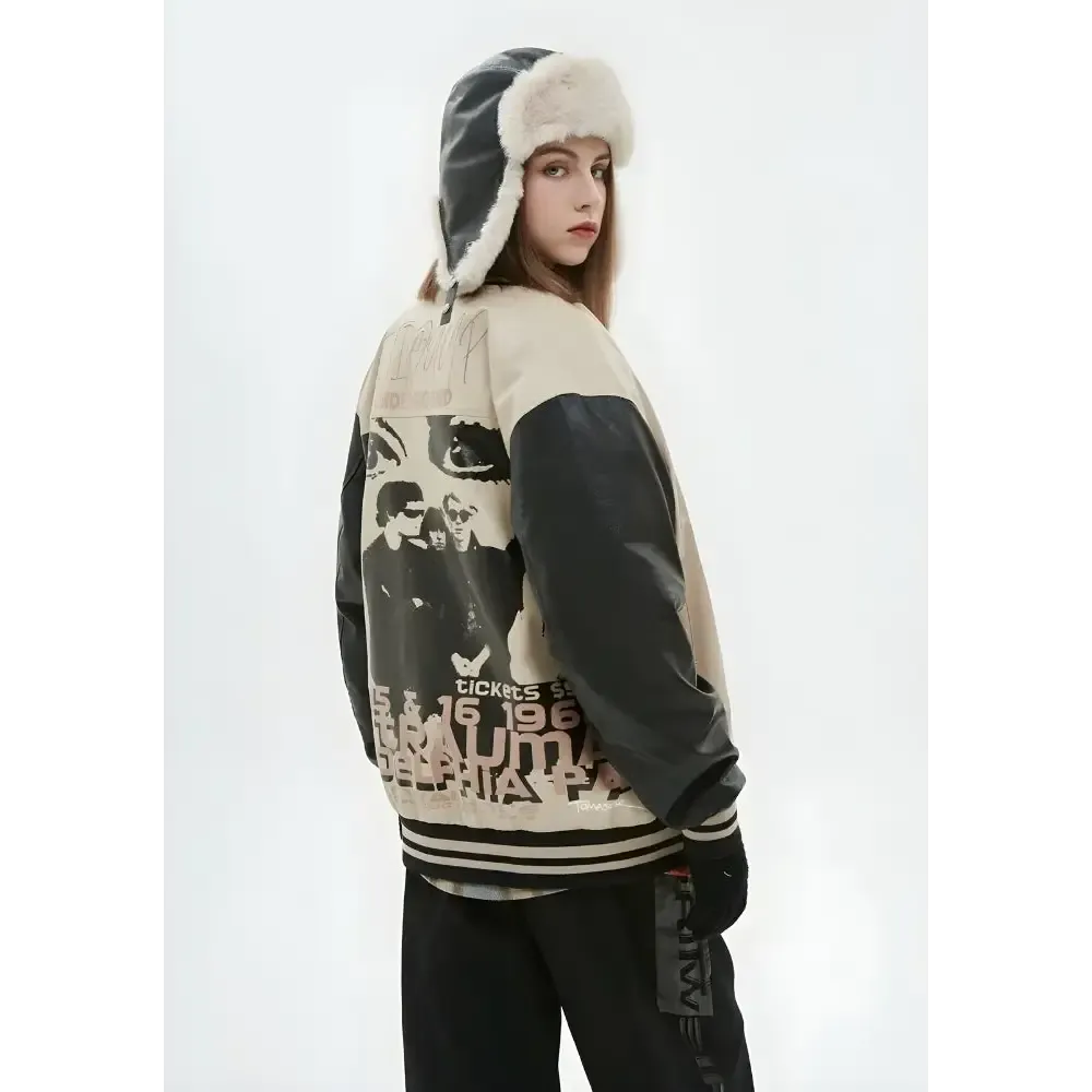 Unisex Faux Leather Varsity Jacket with Vintage Embroidery