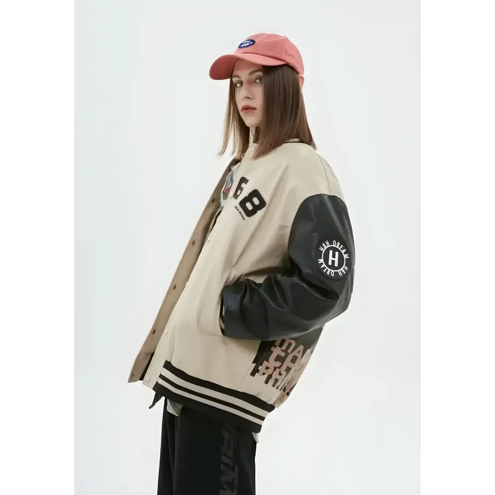 Unisex Faux Leather Varsity Jacket with Vintage Embroidery