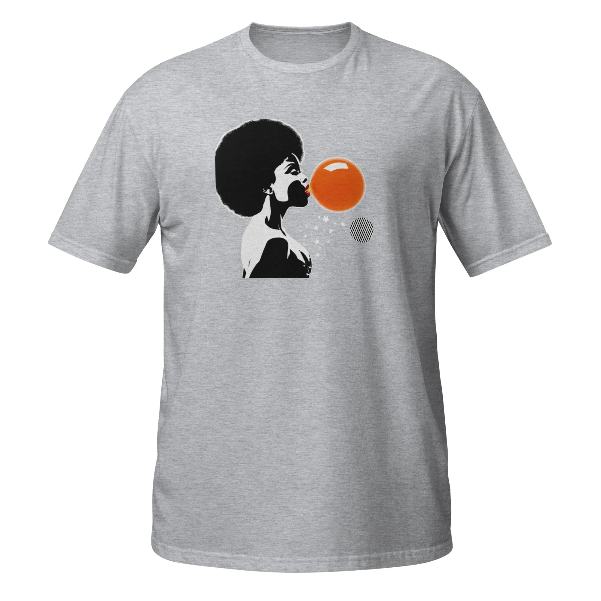 UNISEX T-SHIRT (SS) Lady Blowing Orange and Striped Bubbles