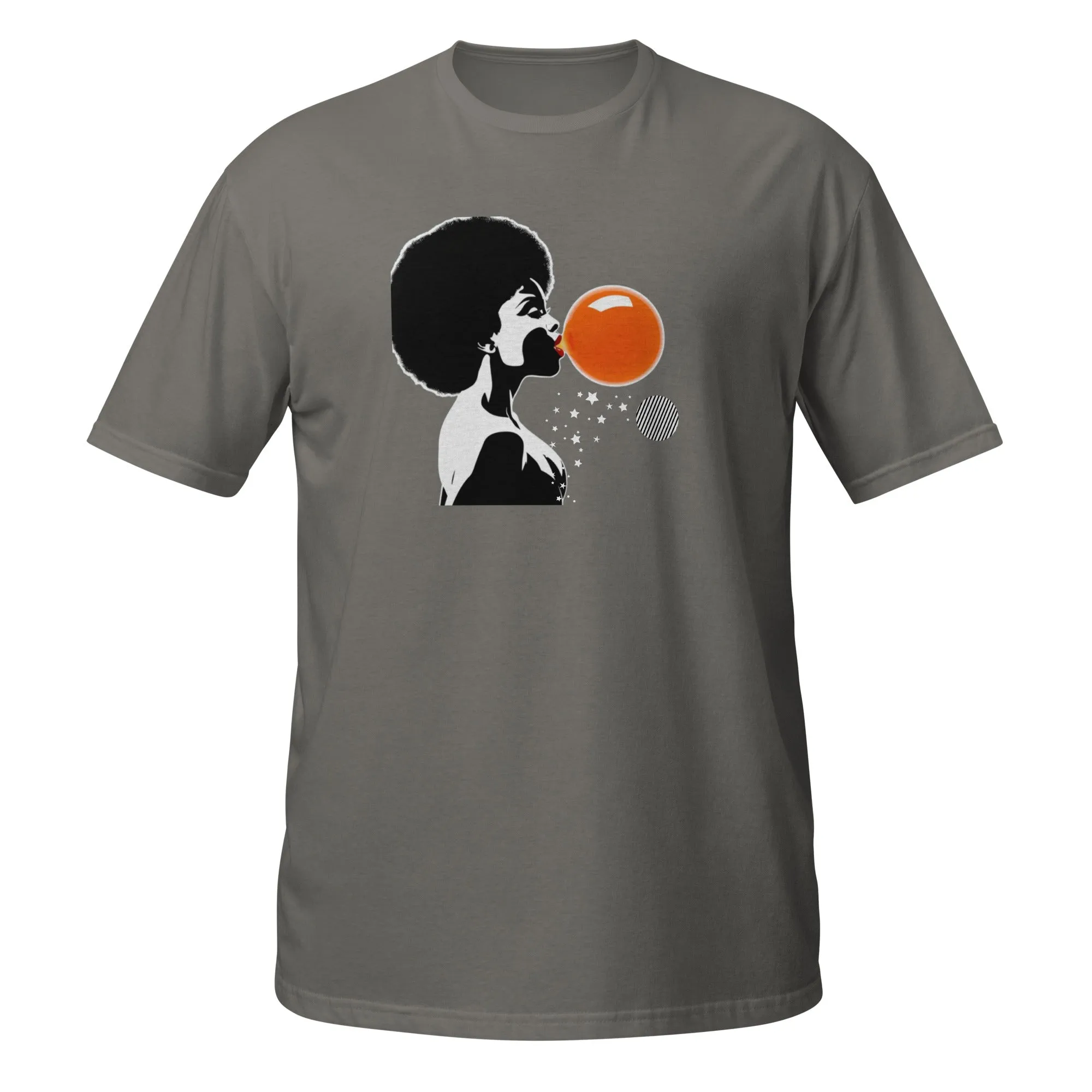 UNISEX T-SHIRT (SS) Lady Blowing Orange and Striped Bubbles