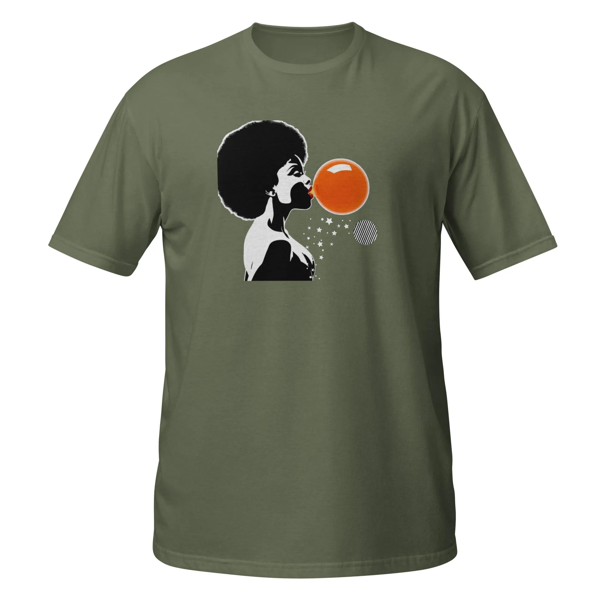 UNISEX T-SHIRT (SS) Lady Blowing Orange and Striped Bubbles