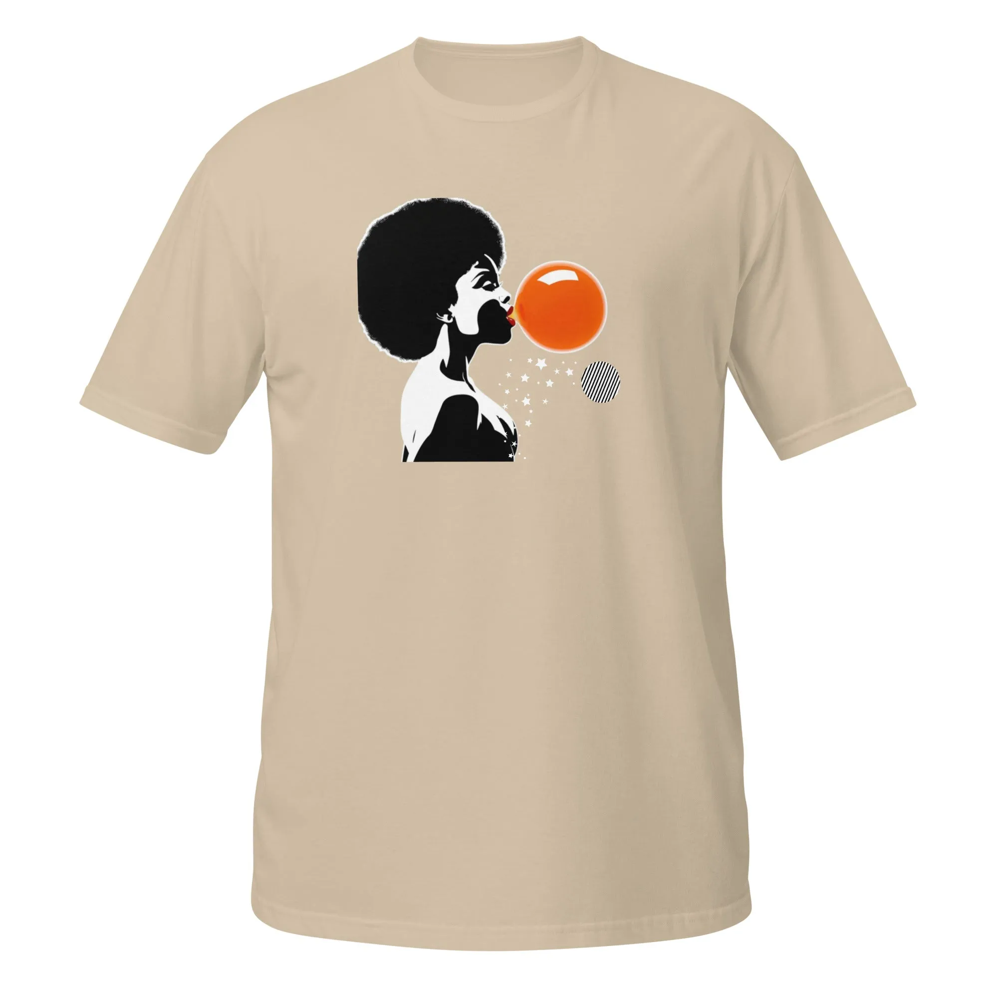 UNISEX T-SHIRT (SS) Lady Blowing Orange and Striped Bubbles
