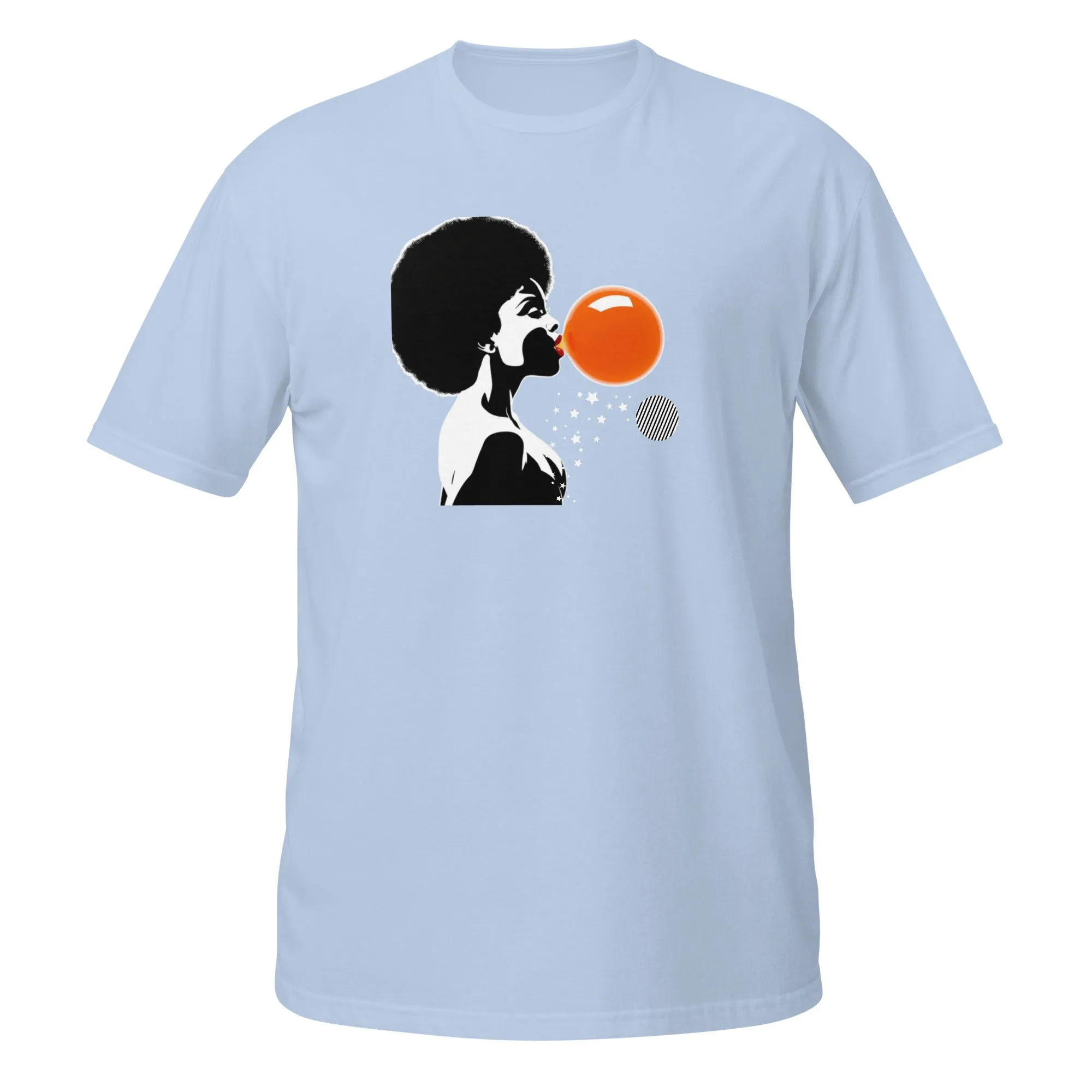 UNISEX T-SHIRT (SS) Lady Blowing Orange and Striped Bubbles