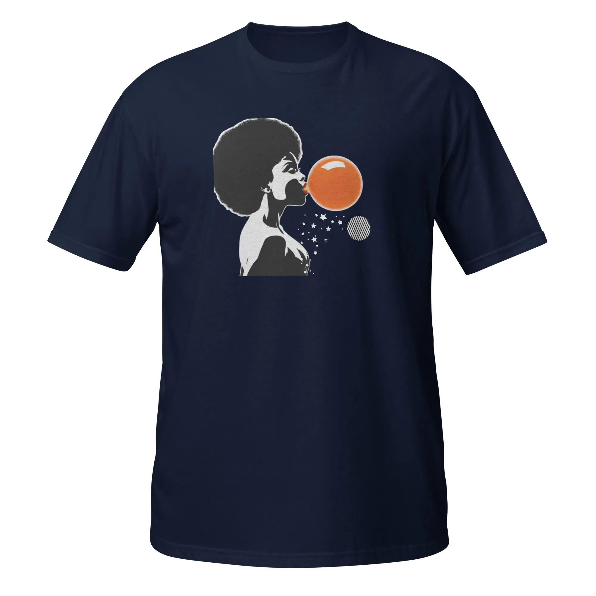 UNISEX T-SHIRT (SS) Lady Blowing Orange and Striped Bubbles