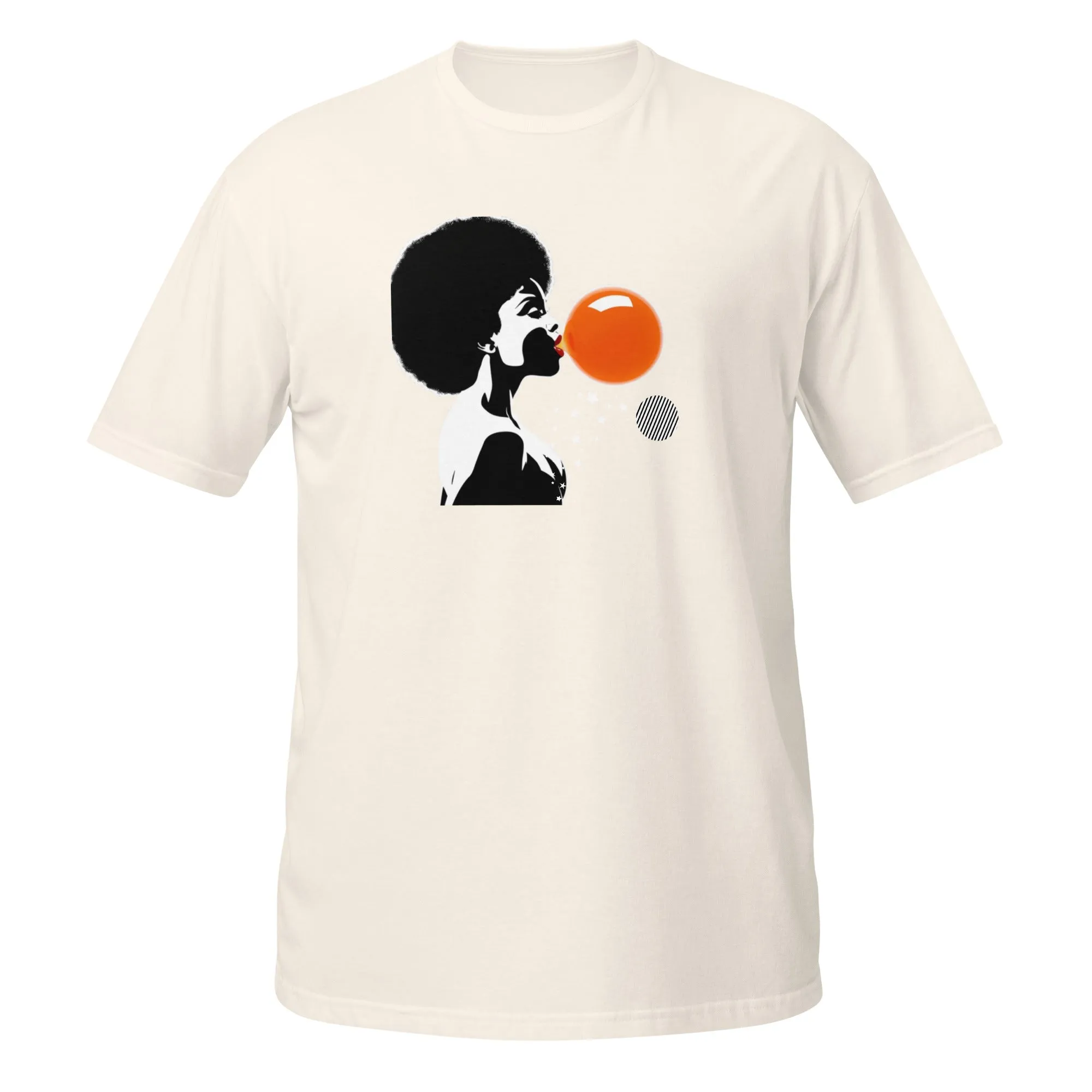 UNISEX T-SHIRT (SS) Lady Blowing Orange and Striped Bubbles