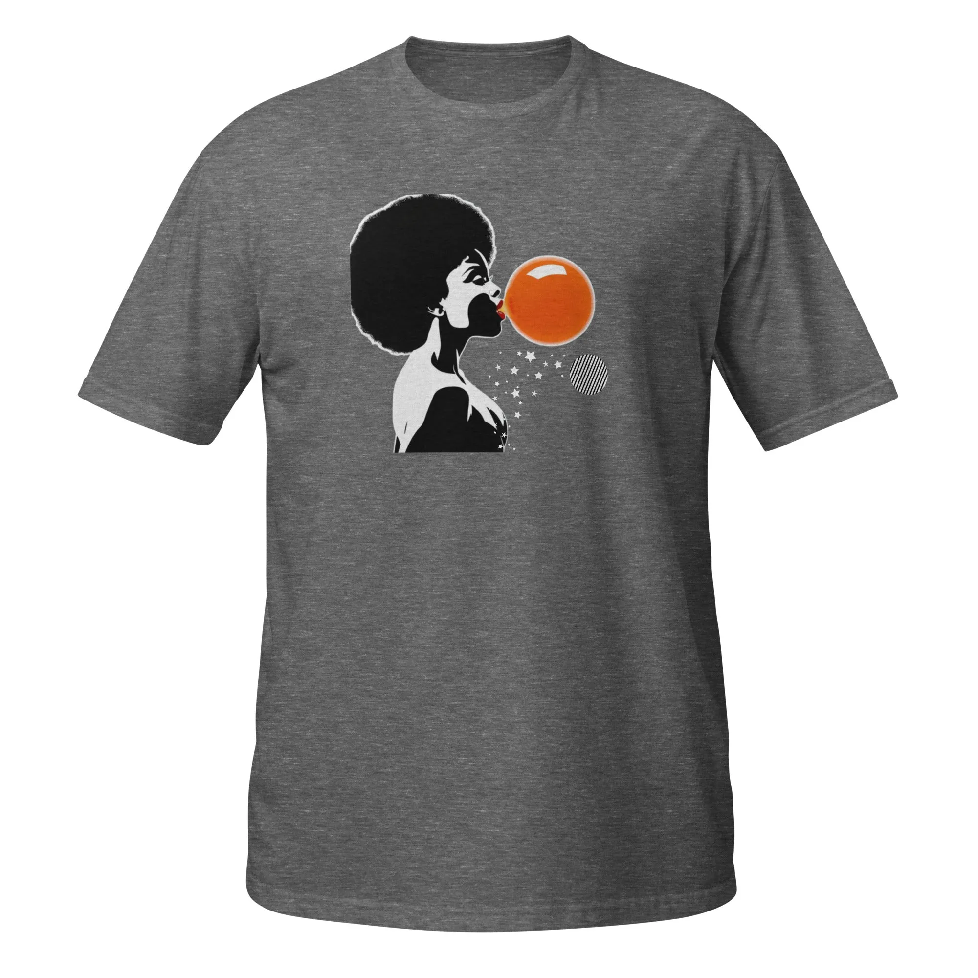 UNISEX T-SHIRT (SS) Lady Blowing Orange and Striped Bubbles