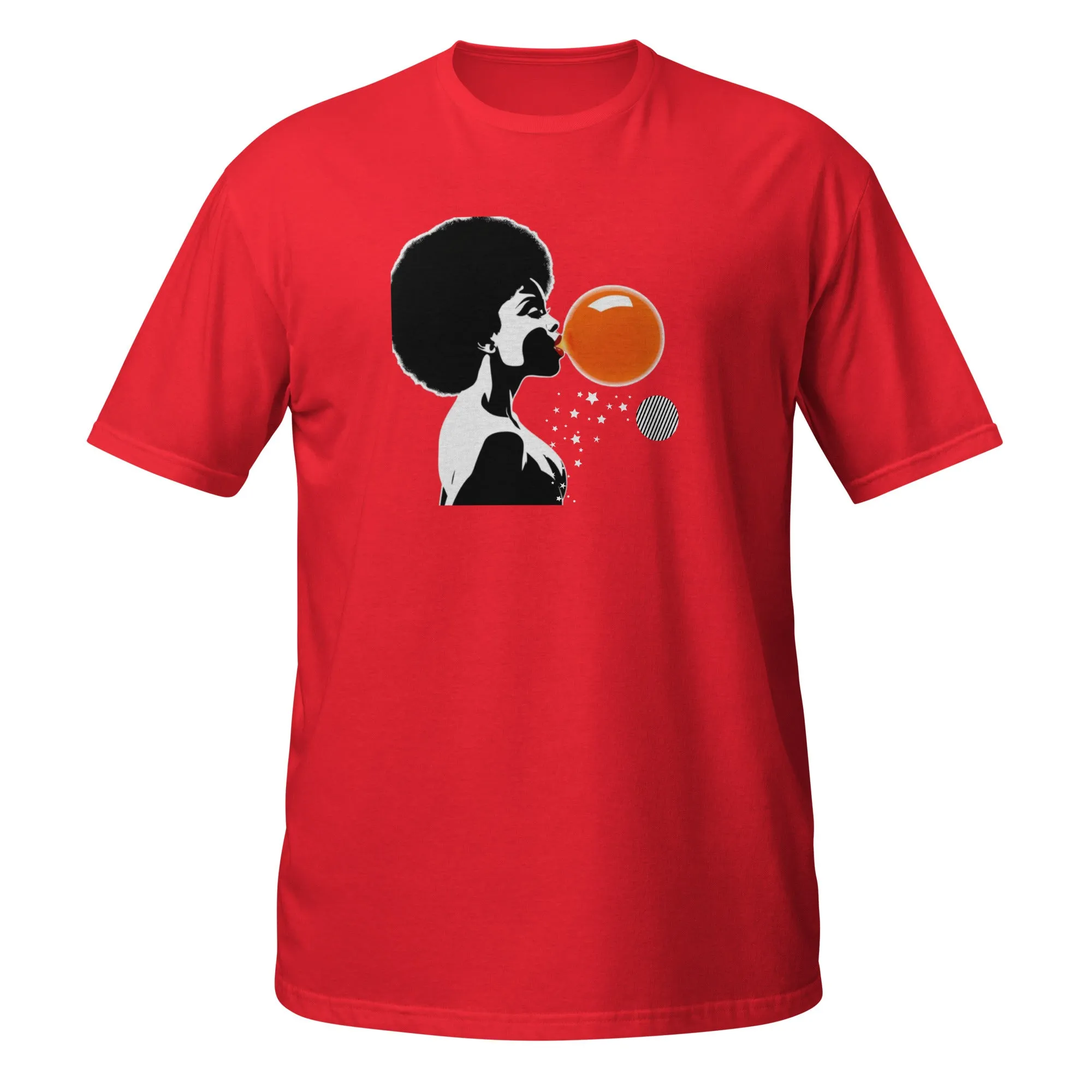 UNISEX T-SHIRT (SS) Lady Blowing Orange and Striped Bubbles