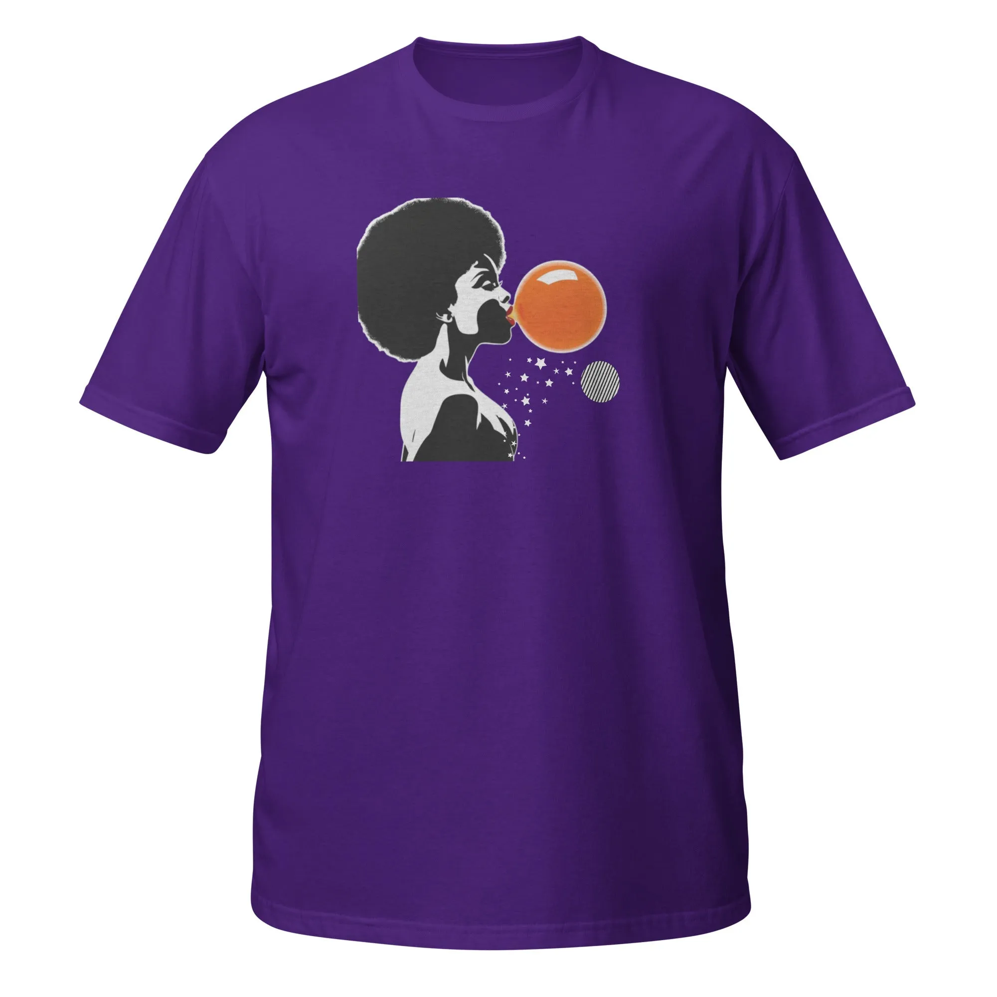 UNISEX T-SHIRT (SS) Lady Blowing Orange and Striped Bubbles