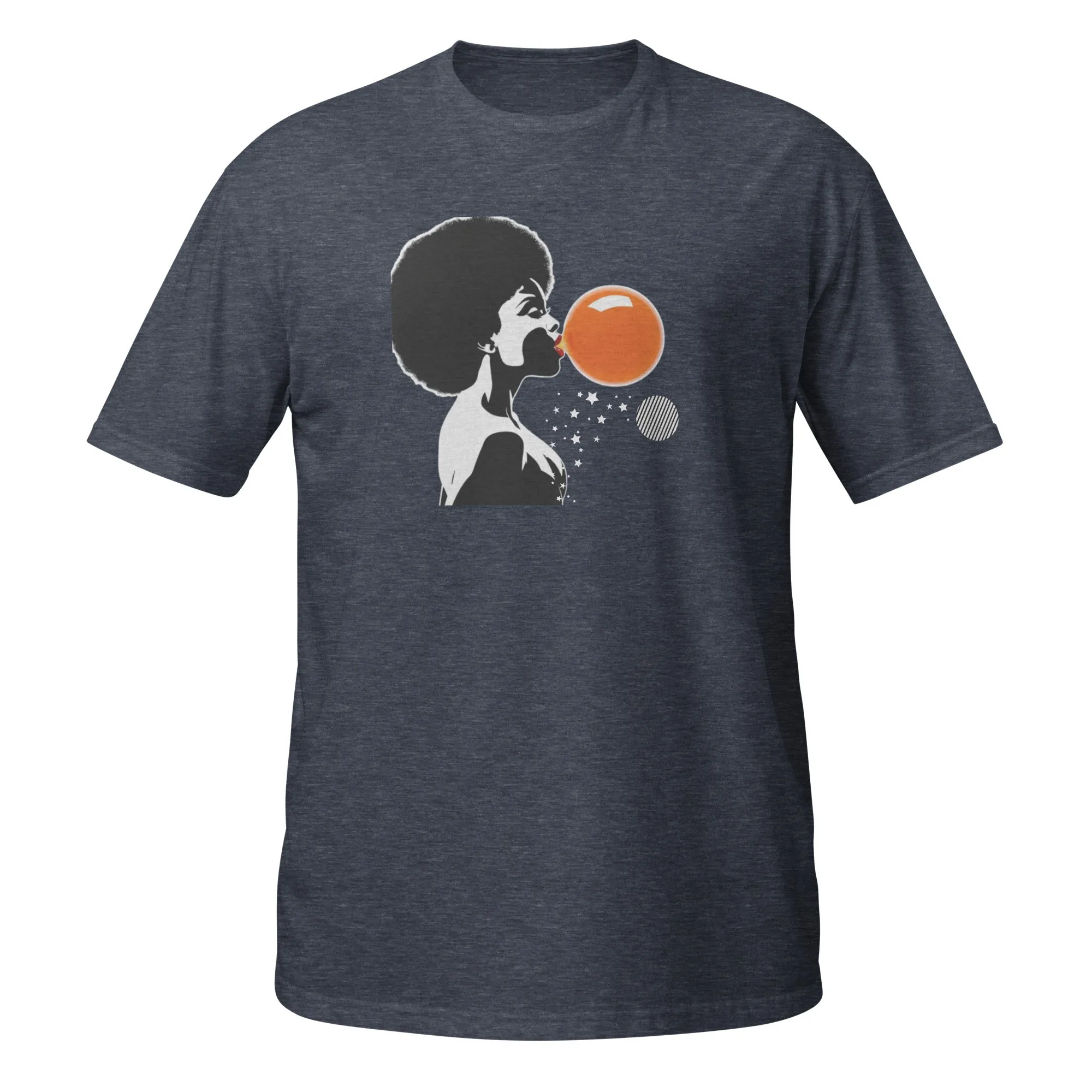 UNISEX T-SHIRT (SS) Lady Blowing Orange and Striped Bubbles