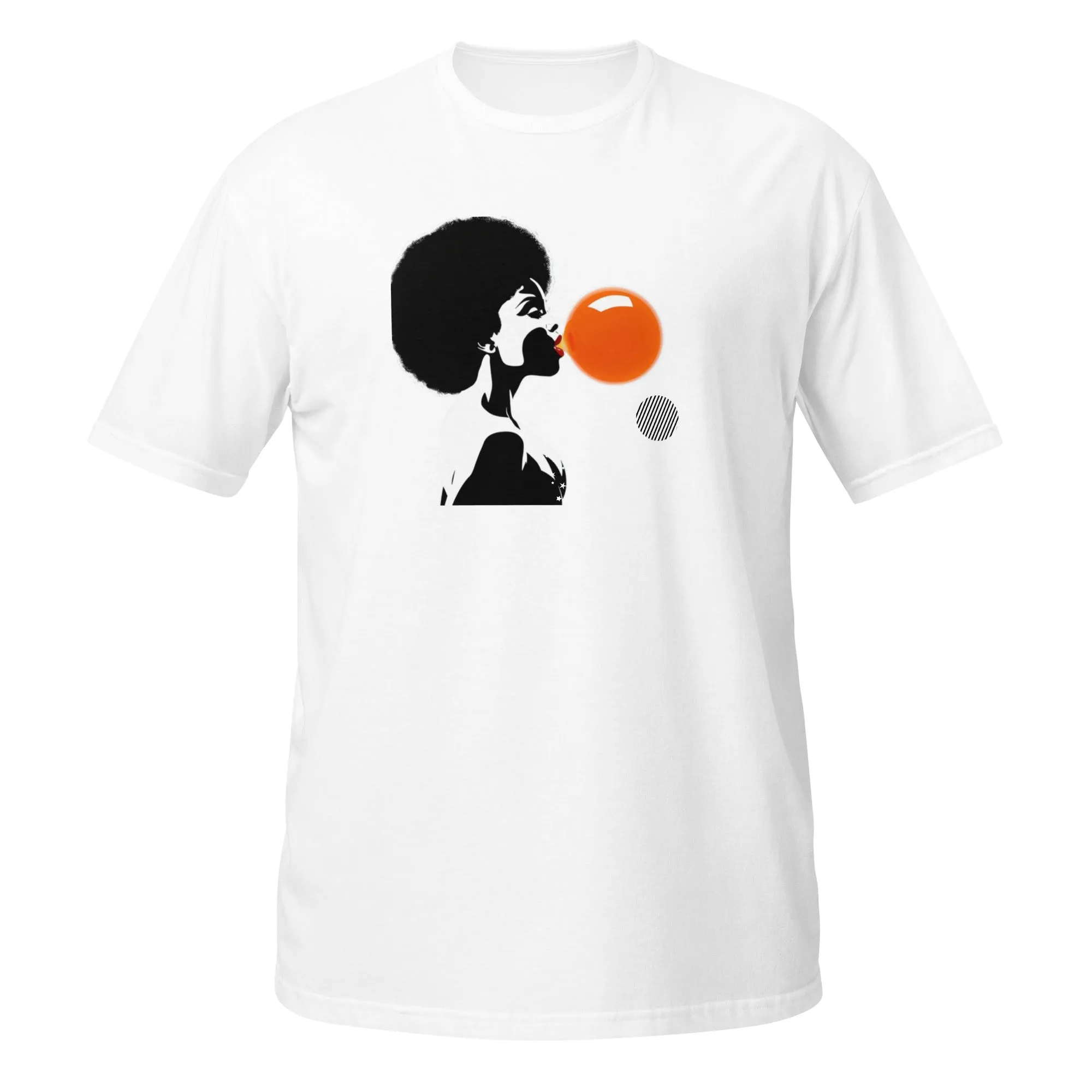 UNISEX T-SHIRT (SS) Lady Blowing Orange and Striped Bubbles