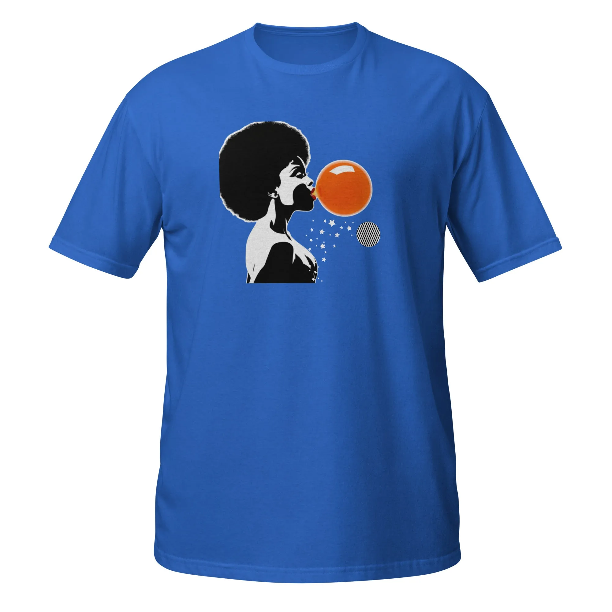 UNISEX T-SHIRT (SS) Lady Blowing Orange and Striped Bubbles