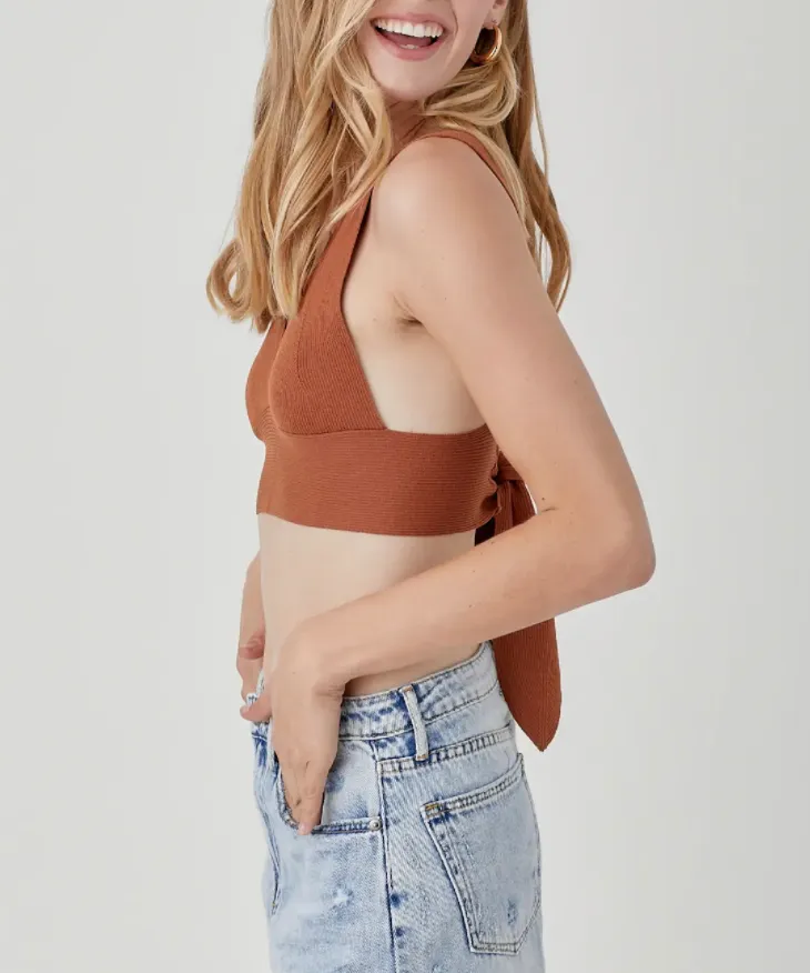 V Neck Sweater Back Tie Crop Top