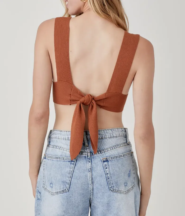 V Neck Sweater Back Tie Crop Top