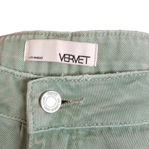 VERVET Los Angeles Rebecca High Rise Distressed Green Denim Jean Shorts L NWT