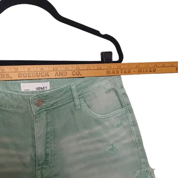 VERVET Los Angeles Rebecca High Rise Distressed Green Denim Jean Shorts L NWT