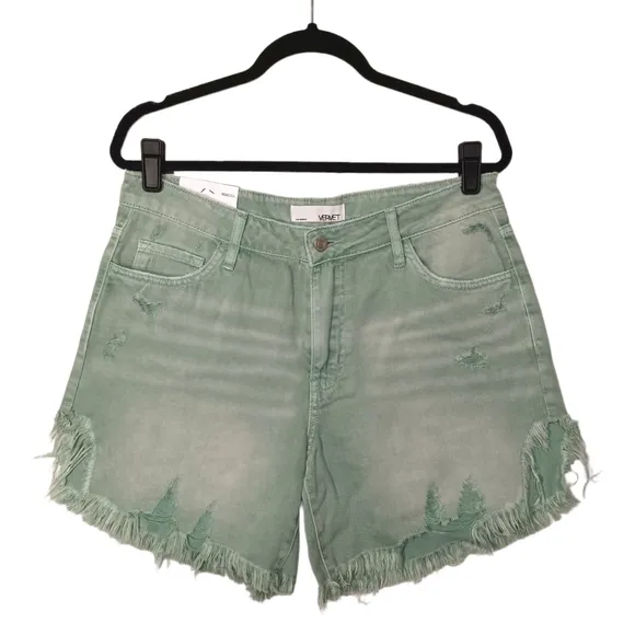VERVET Los Angeles Rebecca High Rise Distressed Green Denim Jean Shorts L NWT