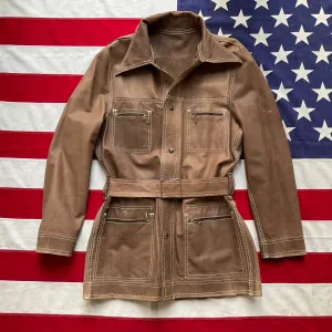 Vintage 1970s-1960s RARE LEVI’S Big E Brown Reversible Leather Jacket with Snaps & Belt Size 40 Made in USA