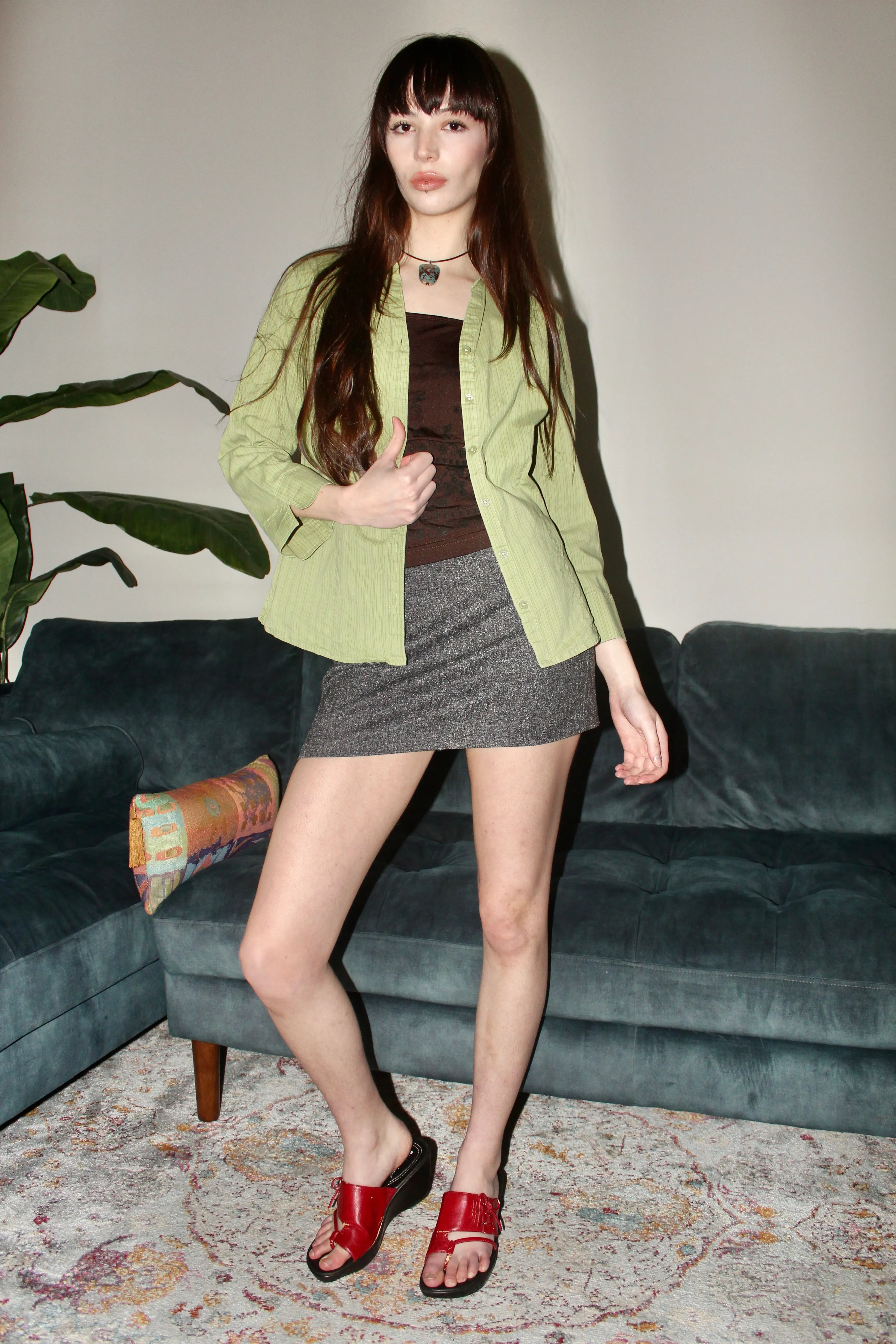 Vintage 90s Green Striped Button Up (S)