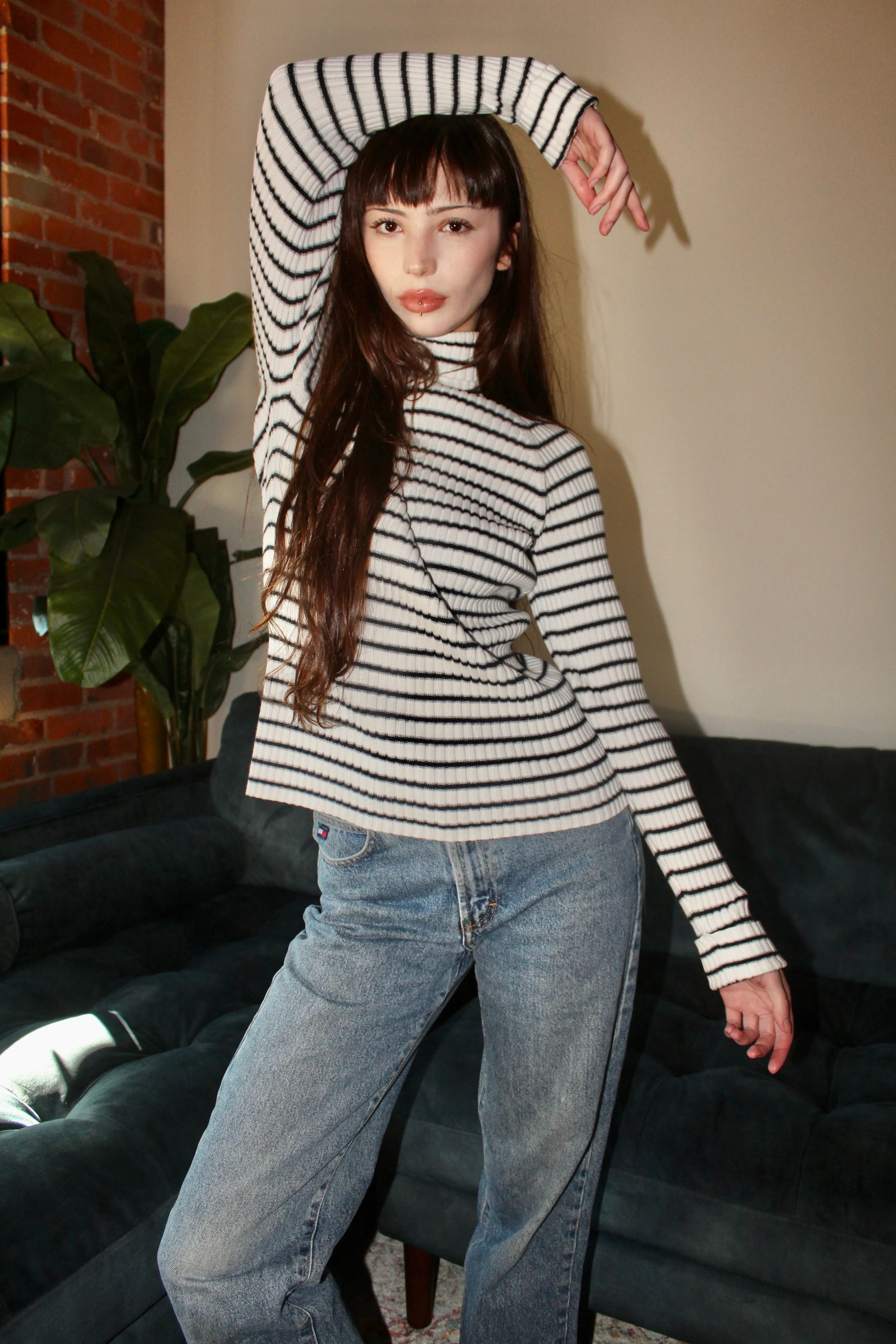 Vintage 90s Striped Cotton Turtleneck Knit (M)