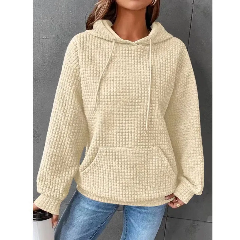 Waffle Round Neck Long Sleeve Hooded Sweatshirt Solid Color Tops Wholesale Womens Clothing N3824070900033