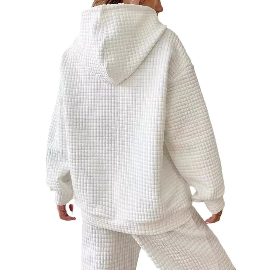 Waffle Round Neck Long Sleeve Hooded Sweatshirt Solid Color Tops Wholesale Womens Clothing N3824070900033