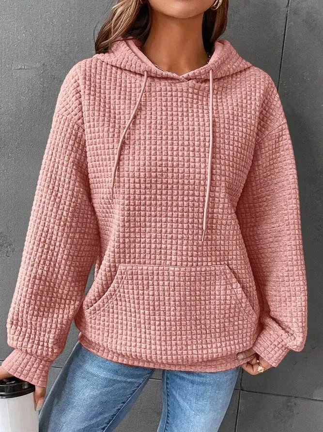 Waffle Round Neck Long Sleeve Hooded Sweatshirt Solid Color Tops Wholesale Womens Clothing N3824070900033