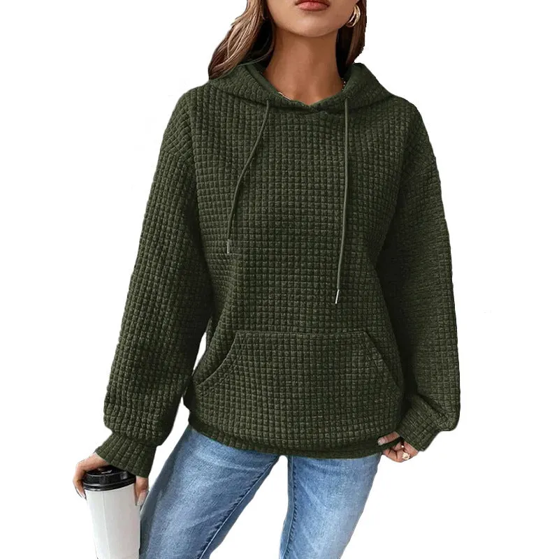 Waffle Round Neck Long Sleeve Hooded Sweatshirt Solid Color Tops Wholesale Womens Clothing N3824070900033
