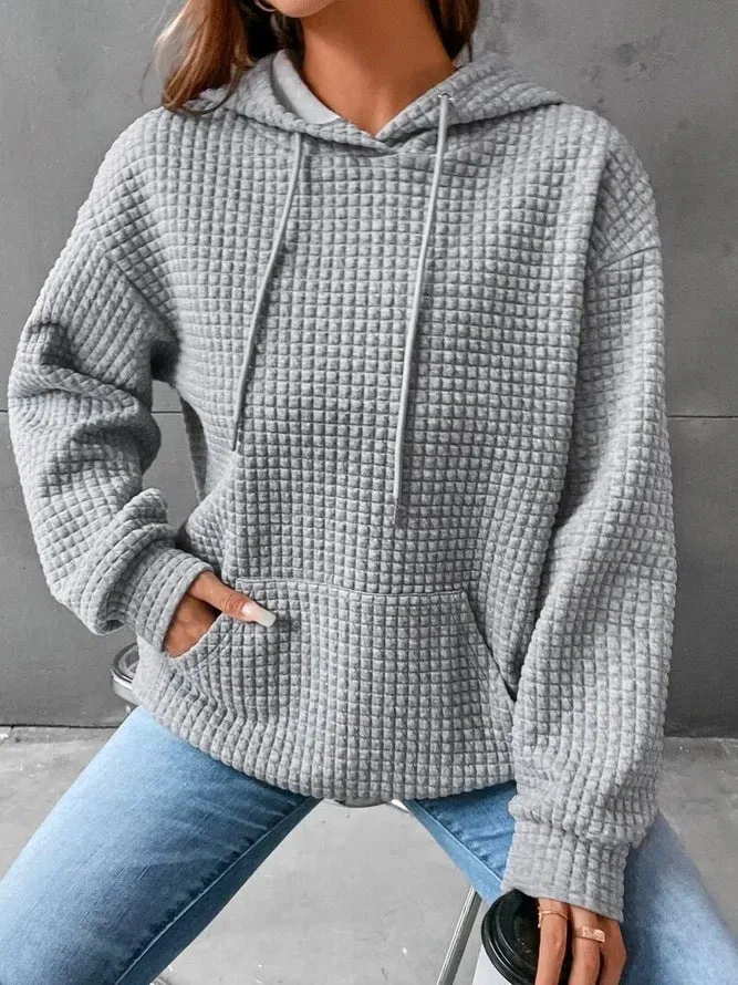 Waffle Round Neck Long Sleeve Hooded Sweatshirt Solid Color Tops Wholesale Womens Clothing N3824070900033