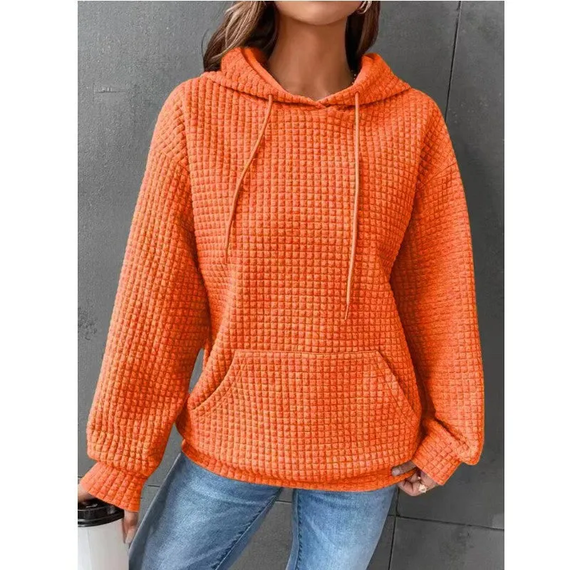Waffle Round Neck Long Sleeve Hooded Sweatshirt Solid Color Tops Wholesale Womens Clothing N3824070900033