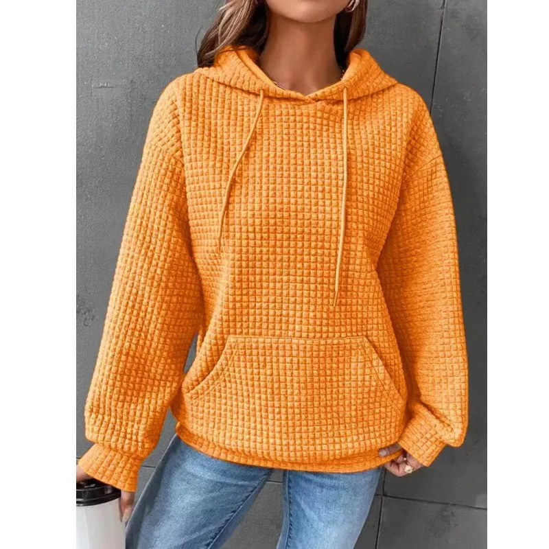 Waffle Round Neck Long Sleeve Hooded Sweatshirt Solid Color Tops Wholesale Womens Clothing N3824070900033