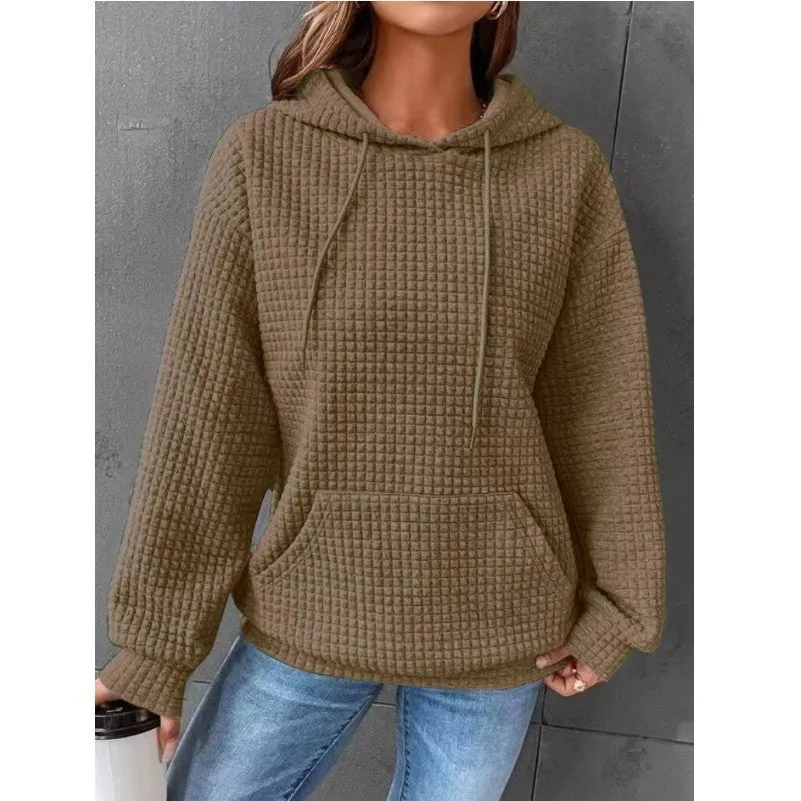 Waffle Round Neck Long Sleeve Hooded Sweatshirt Solid Color Tops Wholesale Womens Clothing N3824070900033
