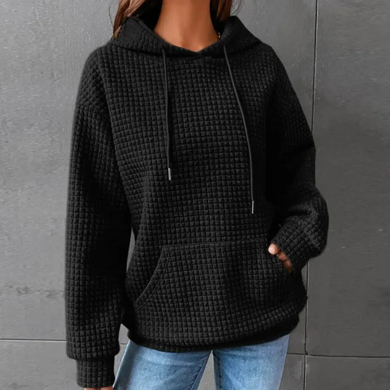 Waffle Round Neck Long Sleeve Hooded Sweatshirt Solid Color Tops Wholesale Womens Clothing N3824070900033