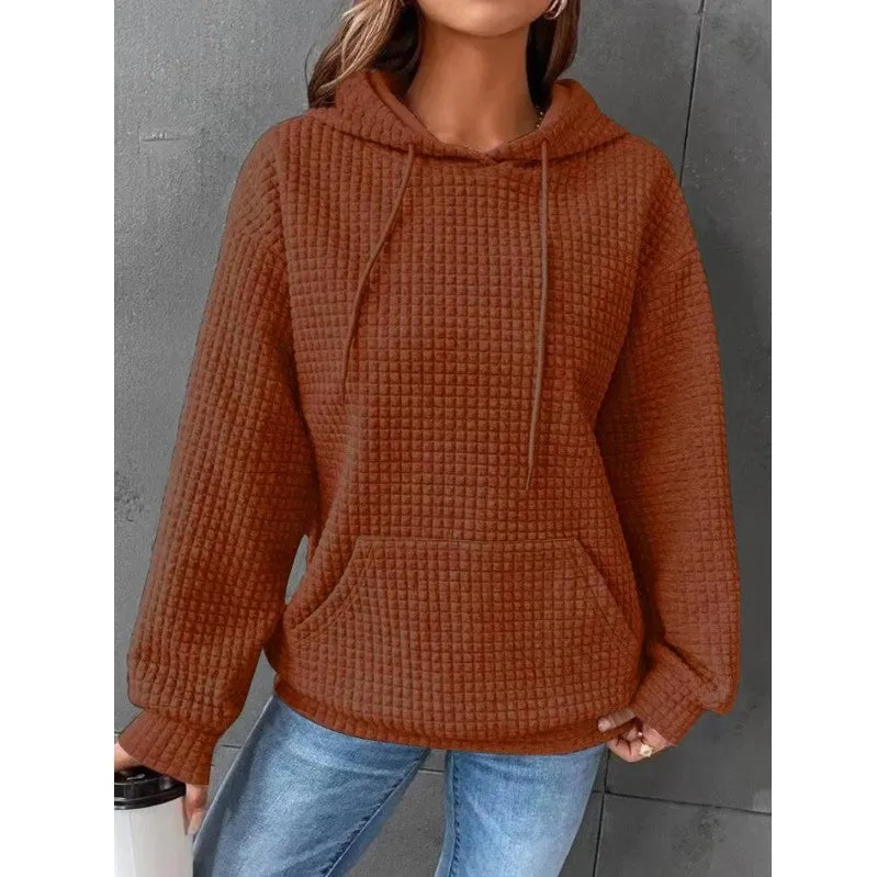 Waffle Round Neck Long Sleeve Hooded Sweatshirt Solid Color Tops Wholesale Womens Clothing N3824070900033