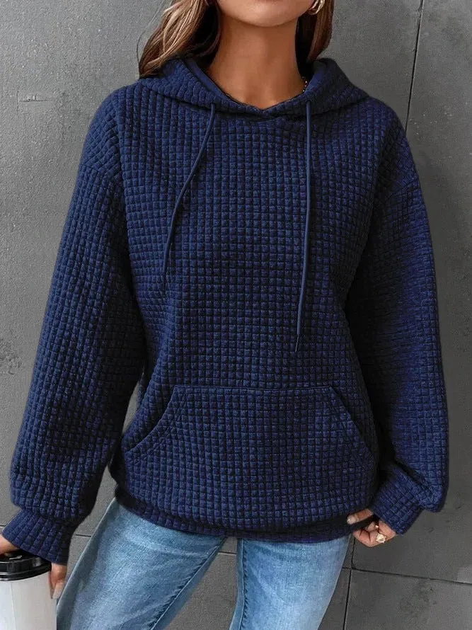 Waffle Round Neck Long Sleeve Hooded Sweatshirt Solid Color Tops Wholesale Womens Clothing N3824070900033