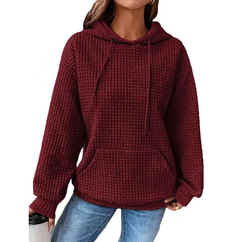 Waffle Round Neck Long Sleeve Hooded Sweatshirt Solid Color Tops Wholesale Womens Clothing N3824070900033