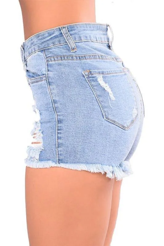 Washed Holes Fringed Denim Shorts