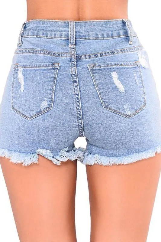 Washed Holes Fringed Denim Shorts