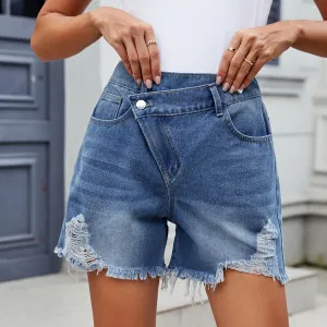 Washed Irregular Denim Frayed Shorts