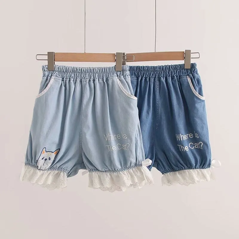 “Where is The Cat?” Denim Bloomers Shorts