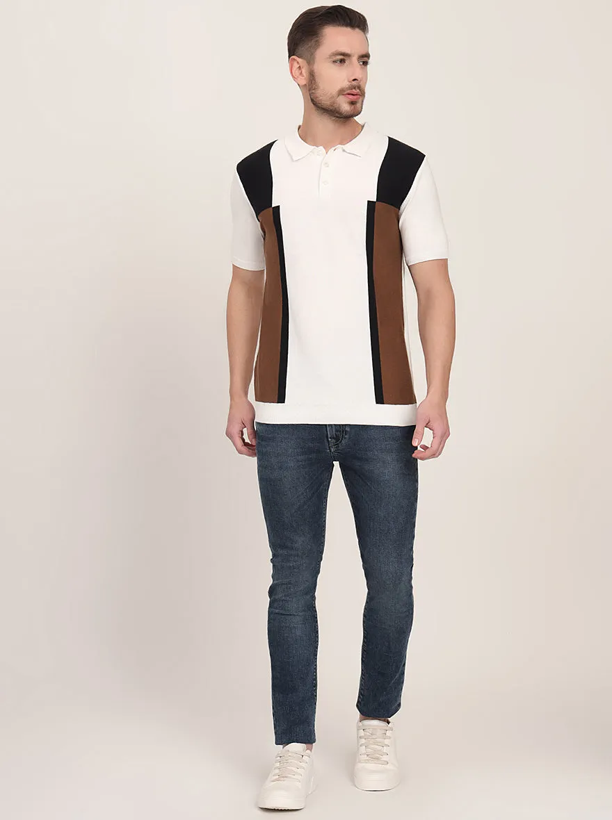 White & Blue Striped Slim Fit Polo T-Shirt | JadeBlue