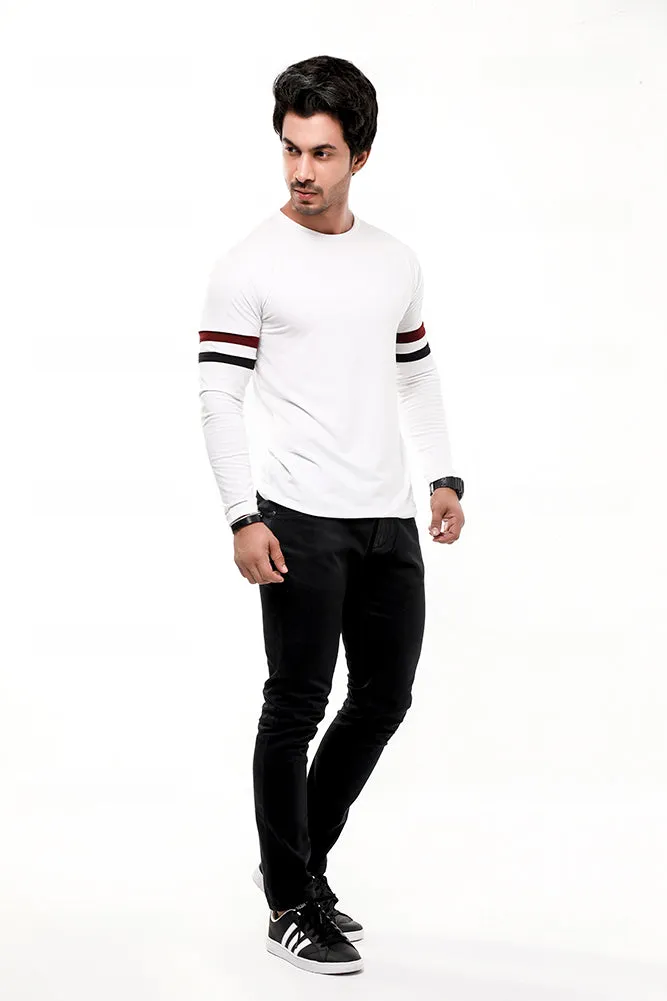White Contrast Full Sleeve Stripe T-Shirt