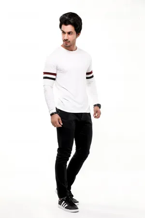 White Contrast Full Sleeve Stripe T-Shirt