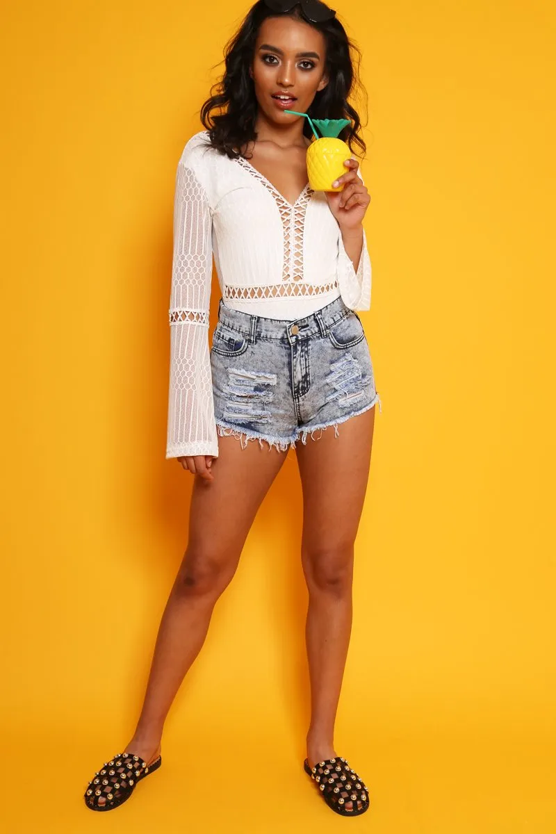 White Lace and Crochet Plunge Front Bodysuit -Tamila