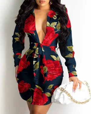 Women Autumn 2021 Long-Sleeve Turn Down Neck Printed Lace-Up Shirt Dress Female Fashion Sexy Slim Mini Dress Splice Sashes Dress